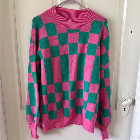 Zesica Pink and Green Checkered Sweater - Picture 1 of 4